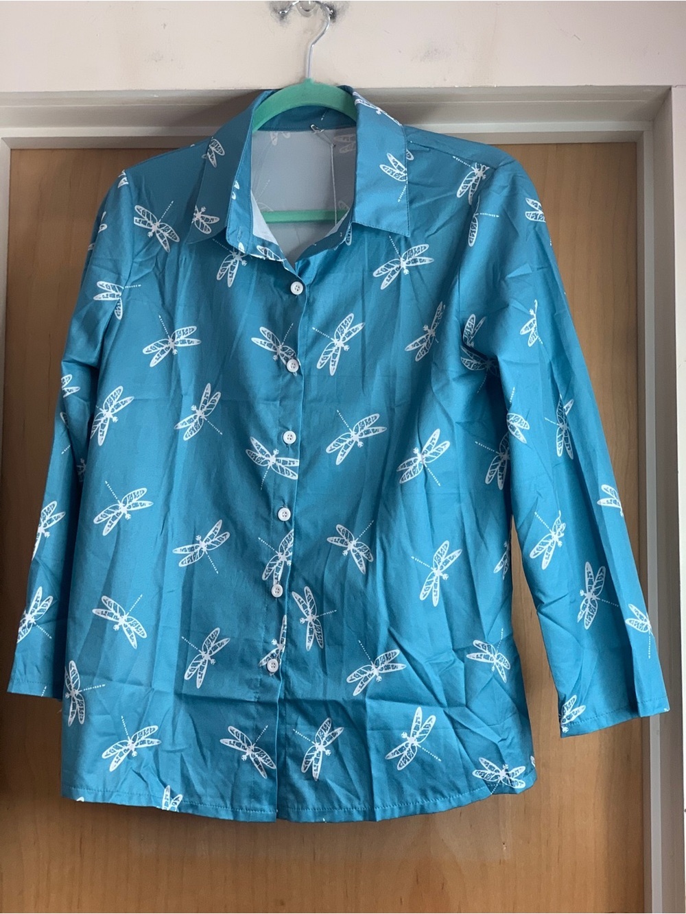 Amazon Sky Blue Dragonfly Print Button-Up Shirt - Size-Medium Naturecore